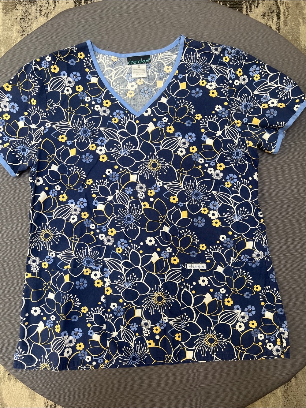 Cherokee Navy Floral V-Neck Scrub Top-Sz M